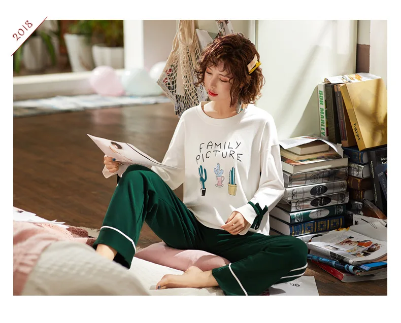 QWEEK Womne пижамный комплект комплекты из 2 предметов хлопковые пижамы женские с длинным рукавом женская пижама 2019 Весна повседневное мягкий