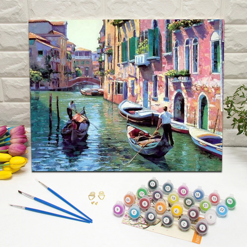 

Framed Venice Boat Tour Cityscape Painting by Numbers for Beginners Canvas Make Your Own For Home Decoration Wall Art 40x50cm