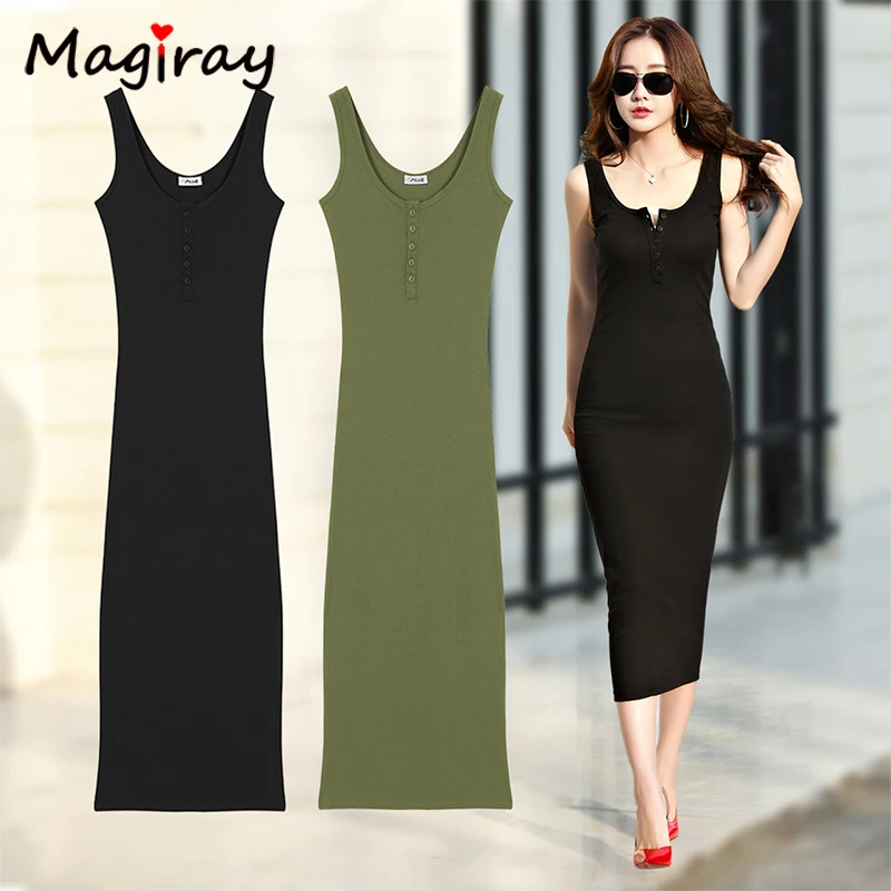 

Magriay Knitted Cotton Long Dress Women 2019 Summer Sleeveless Tank Button Sexy Bodycon Party Casual Dress Black Elegant C389