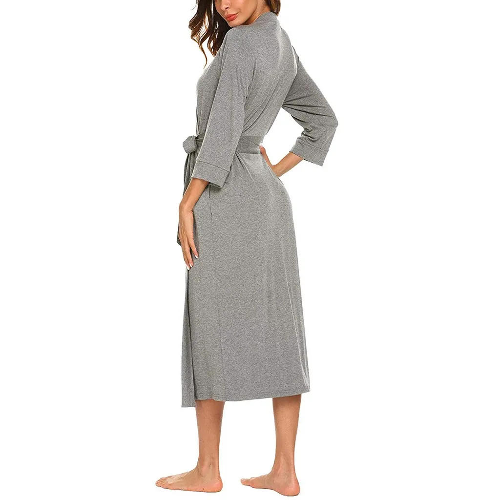 MUQGEW women nightwear sexy long bathrobe cotton Women's 4/3 Sleeve V-neck Lightweight With Belt Long Robe Bathrobe Sleepwear#g3