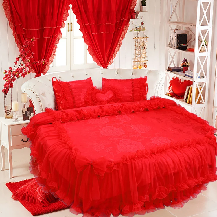 RED PINK Round Bed Unique Round Wedding Bedding 4PCS Set