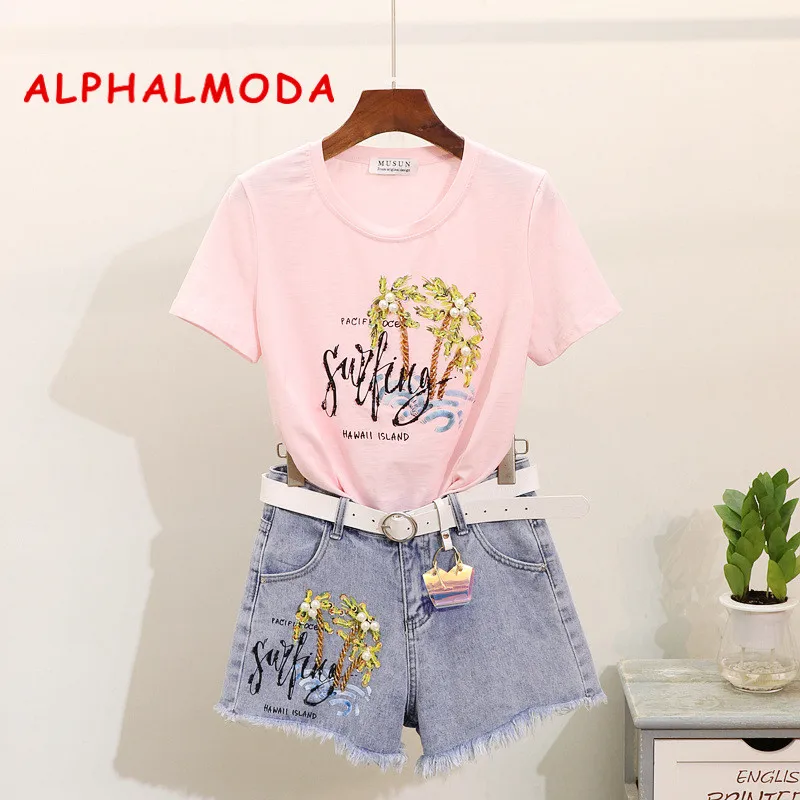 

ALPHALMODA Sequined Letter Printed Tshirts + Hot Shorts Women Summer Fashion 2cs Set Outfits Top and Shorts Sell Separately