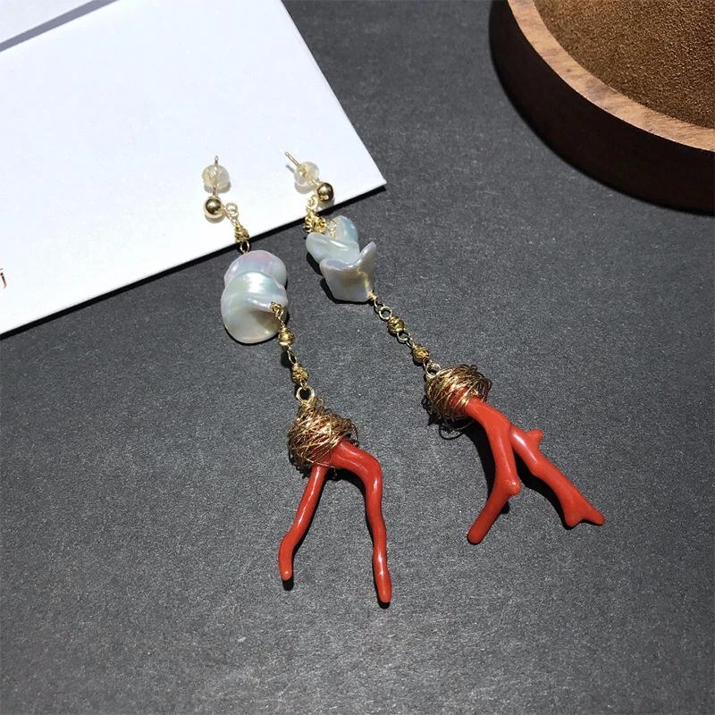 ANI с металлическим ремешком регулируемой длины, 14 K рулон золотистого цвета ручной работы женские серьги с подвесками натуральный неровный жемчуг серьги Модные Серьги brincos para как mulheres красный коралл