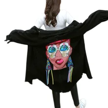 Стиль бойфренда с принтом, повседневная, свободная черная ВИНТАЖНАЯ ДЖИНСОВАЯ КУРТКА с дырками, Женская куртка с длинными рукавами, куртки, женские топы