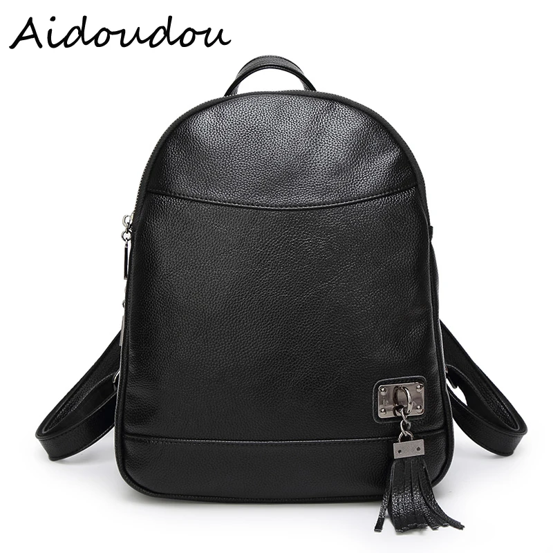 brand Fashion Women Backpacks tassel Black Soft Washed Leather Bag Schoolbags Girls Genuine Leather Leisure Bag