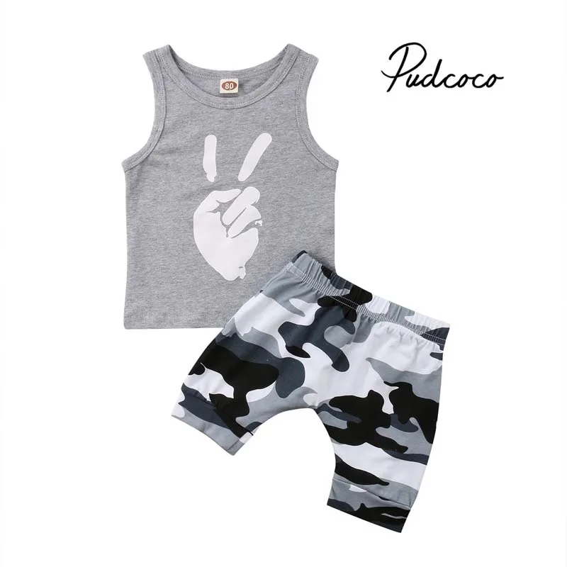 

Pudcoco 2018 Newborn Toddler Kids Infant Baby Boy Clothes Sets Fingerprint Sleeveless T shirt Top+Camouflage Shorts Outfit Set