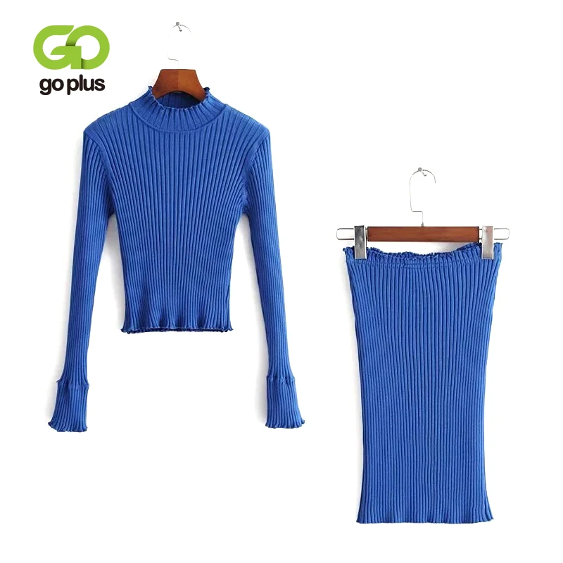 

GOPLUS Spring Two Piece Set Women Long Flare Sleeve Knitted O-Neck Solid Short Top Mini Skirt 2 Piece Sets Womens Outfits C7505