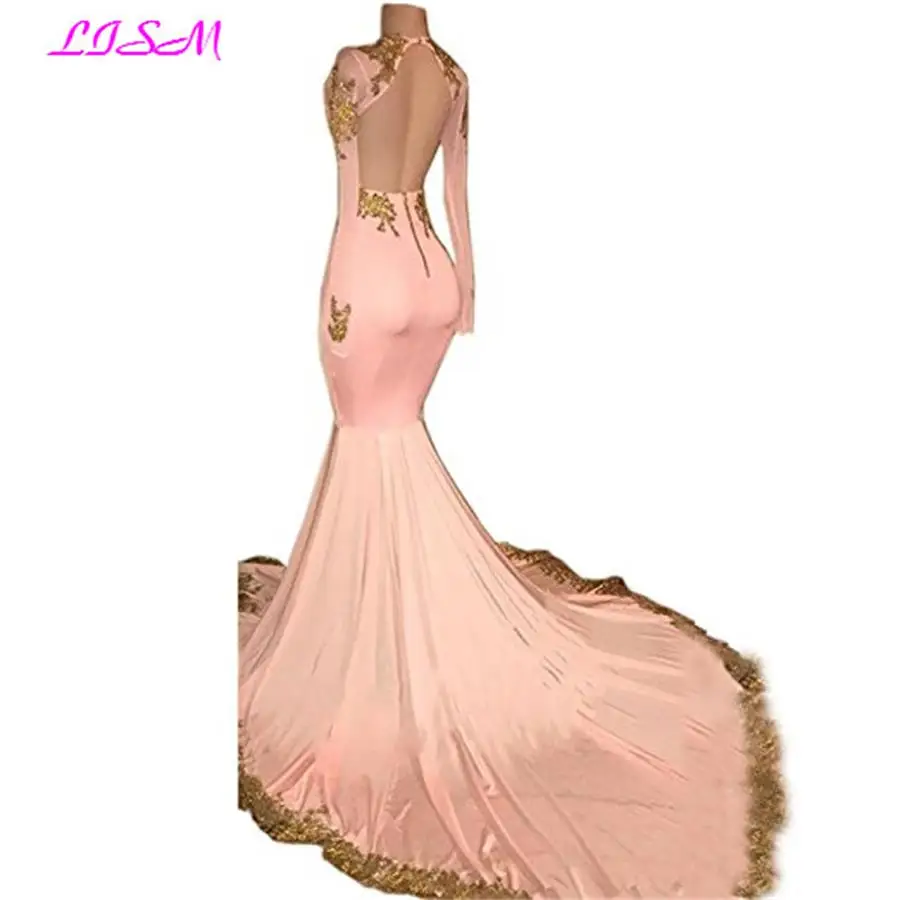 Сексуальное платье для выпускного вечера с глубоким v-образным вырезом, Длинные вечерние платья с золотыми аппликациями, розовые вечерние платья с длинными рукавами и открытой спиной, robe de soiree