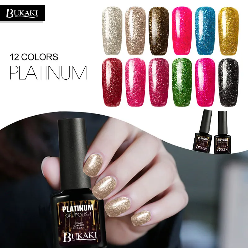 

BUKAKI 12 Colors Platinum Glitter Nail Gel Polish Nail Art UV LED Lamp Acry Lacquer Metal Color Hybrid Varnishes Acrylic Varnish