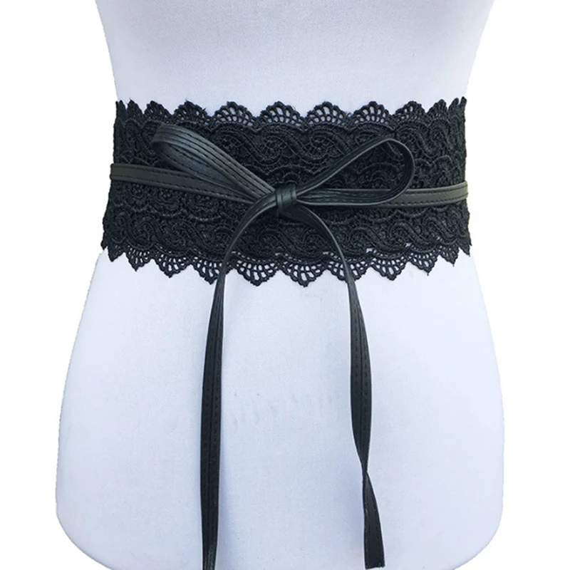2021 New Black White Wide Corset Hollow Flower Belt Female Self Tie