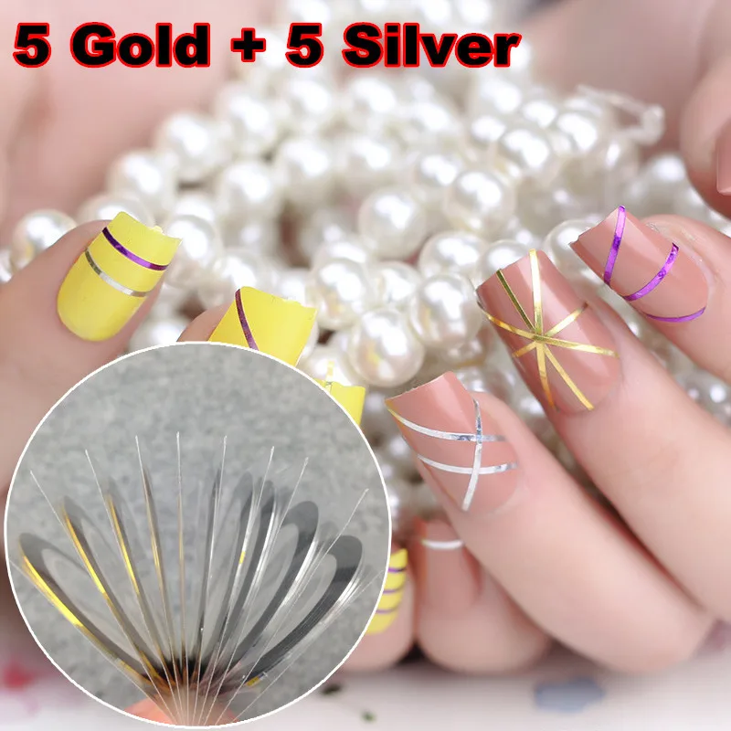 

LCJ 5pcs Gold Color + 5pcs Silver Color Striping Tape Metallic Yarn Line Nail Art Decoration Sticker