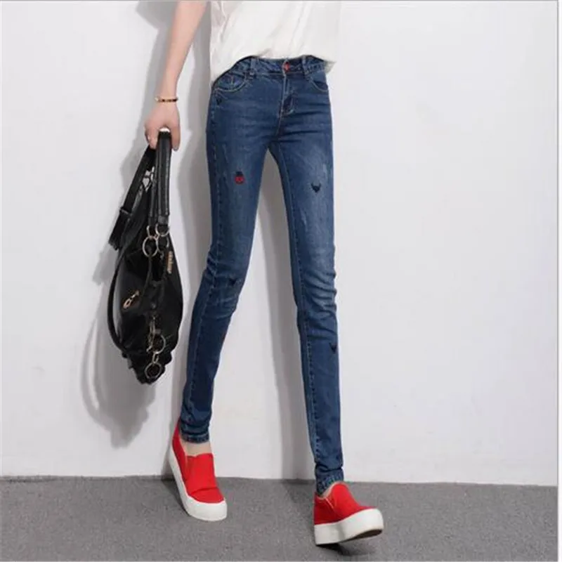 

2016 New Winter Fashion Embroidered Pattern Jeans Women Stretch Pants Feet Slim Skinny Demin Pencil Pants Trousers A1470