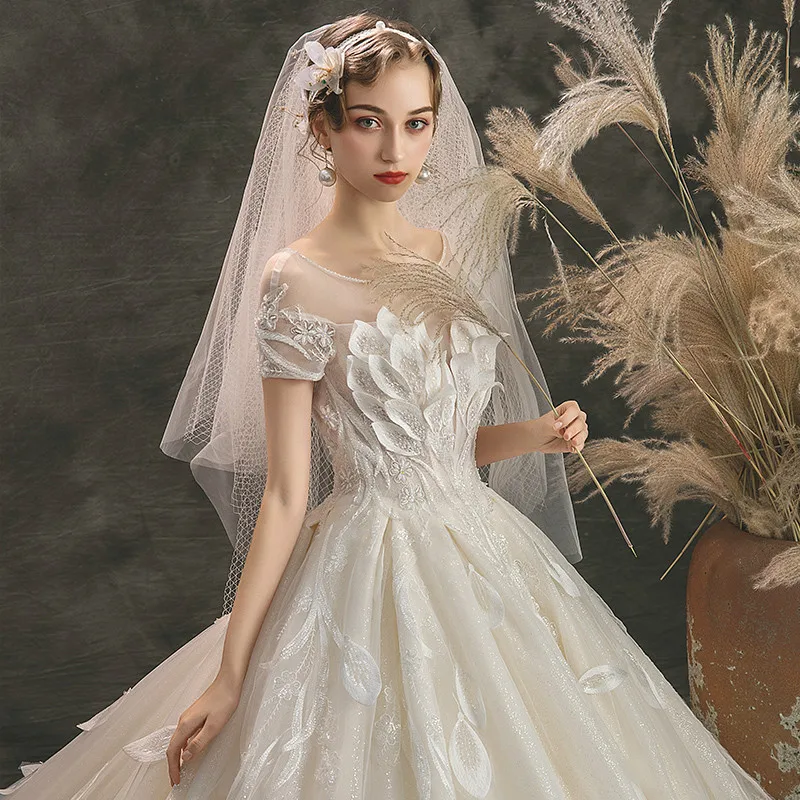 SSYfashion/бальное платье с круглым вырезом, короткими рукавами, шнуровкой сзади, шлейфом, белое свадебное платье на заказ, роскошное Элегантное свадебное платье