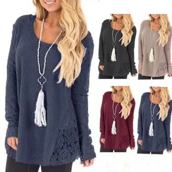 

Fashion Womens Fashion Long Sleeve Sweater V-Neck Lace Patchwork Casual Loose Sweaters