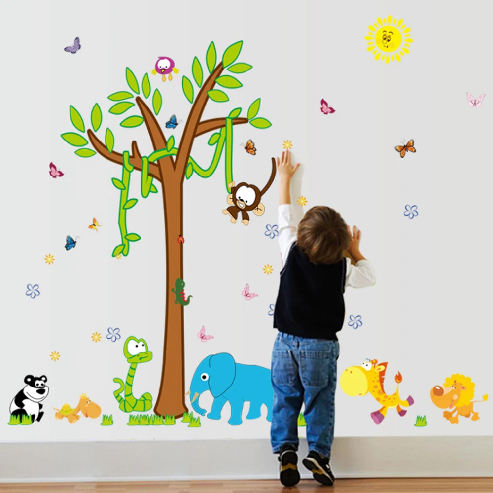 Cartoon Animal Tree Flowers Elephant Butterflies Wall Decal Home