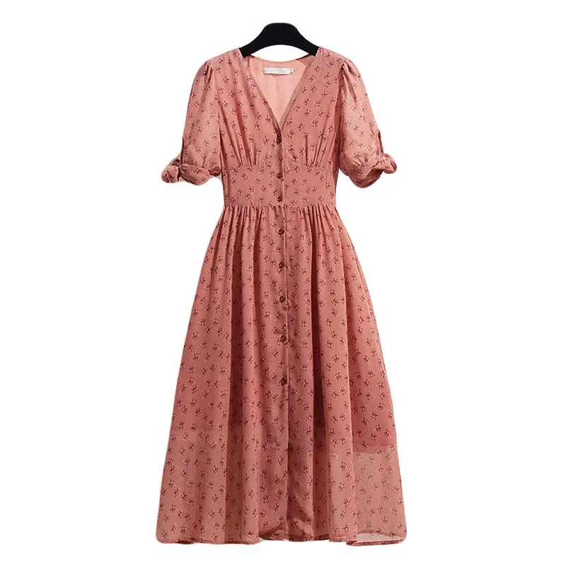 

Fashion 2019 New Floral Print Empire Chiffon Dress Summer V-Neck Short Sleeve A-Line Mid Dress Casual Beach Party Dresses