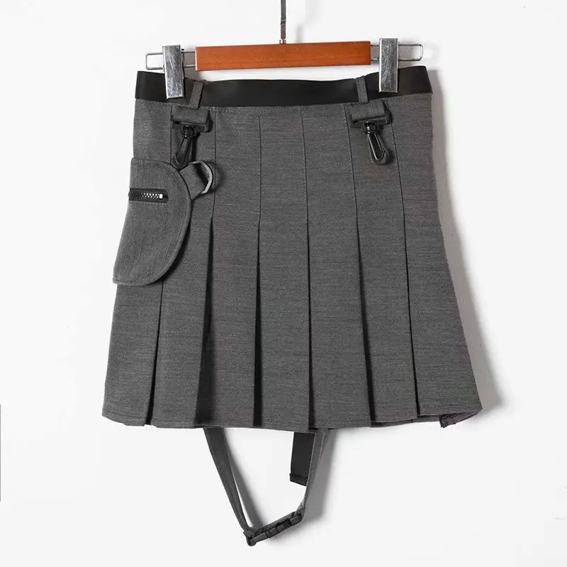 Юбка в готическом стиле Для женщин карманы шорты юбки Черный, серый цвет плиссированные мини-Высокая талия юбка дамы панк нижней линии юбка с ремень готический - Цвет: gray