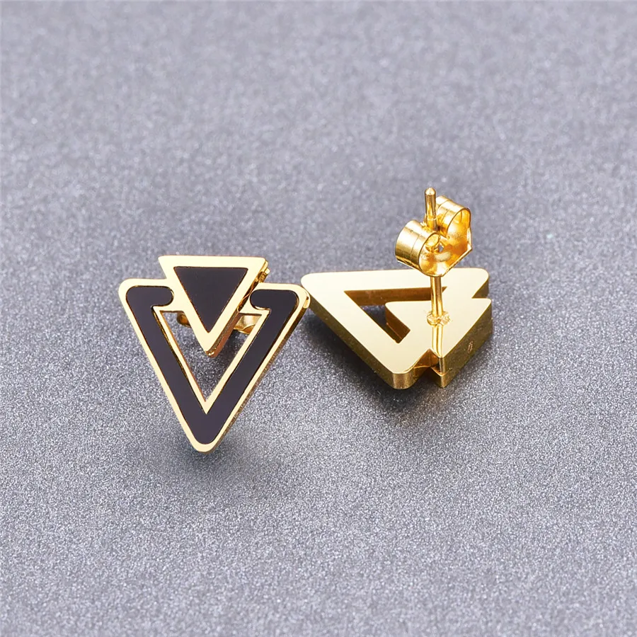 

Martick Fashion Created Stud Earrings Stacked Double Triangle Black Piece Hollow Out Stud Earrings For Girl E201