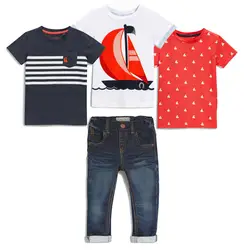 Лидер продаж, Повседневная летняя хлопковая футболка с короткими рукавами и джинсовые штаны, комплекты детской одежды для мальчиков