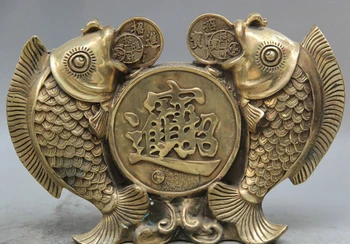 

yy ymy 1016+++++11" Chinese Folk Feng Shui Brass Wealth Copper Cash Two Fish Statue Sculpture