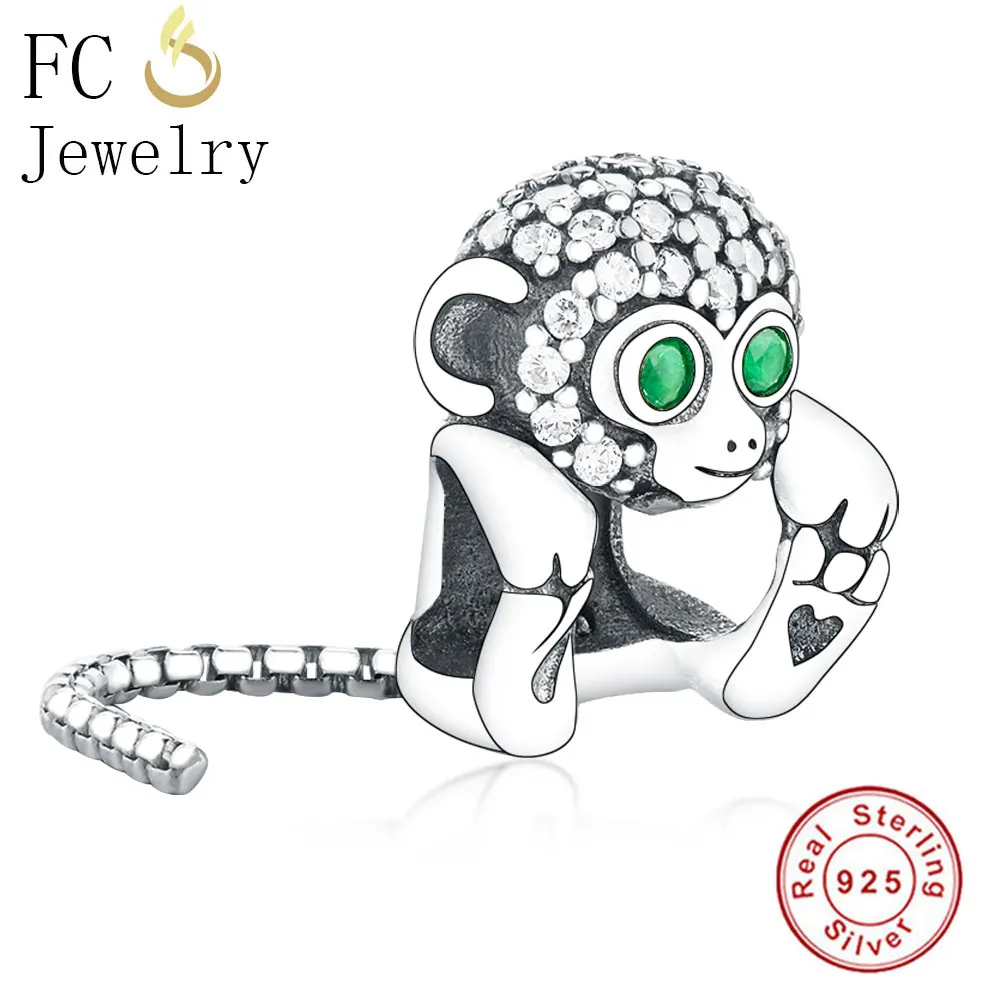 

FC Jewelry Fit Original Pandora Charm Bracelet 925 Sterling Silver Monkey Green Zirconia Stone Eye Reflexions Bead Berloque 2019