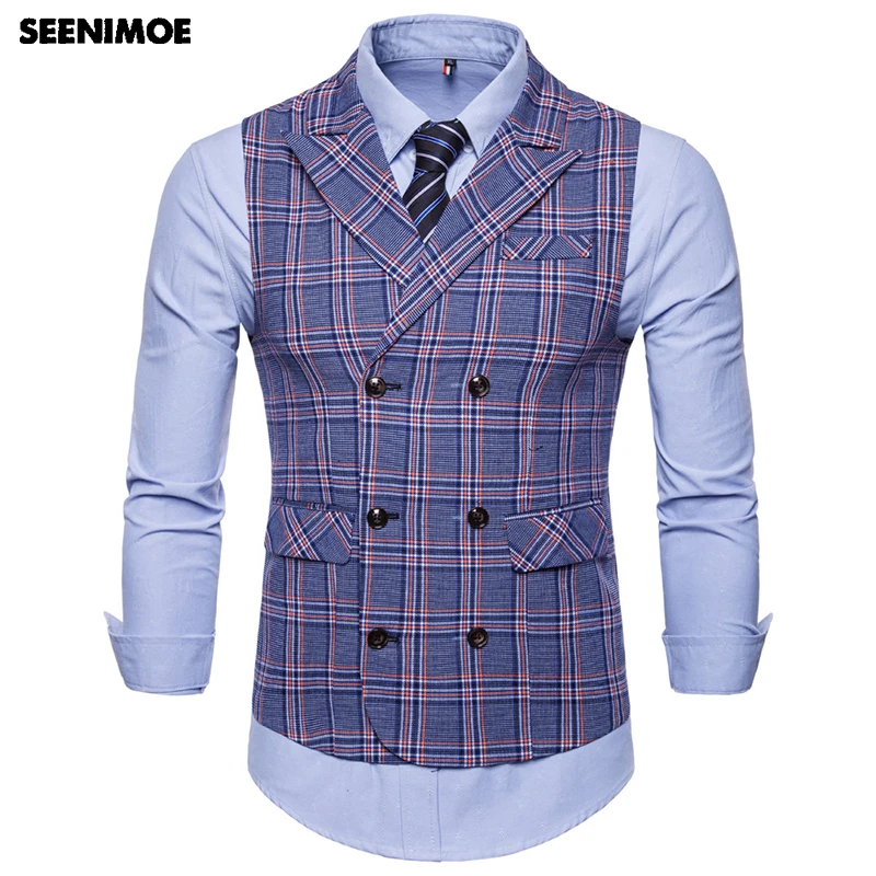 Seenimoe Mens Stripe Plaid Formal Blazer vests Casual Double Breasted V neck Fashion M 4XL Male