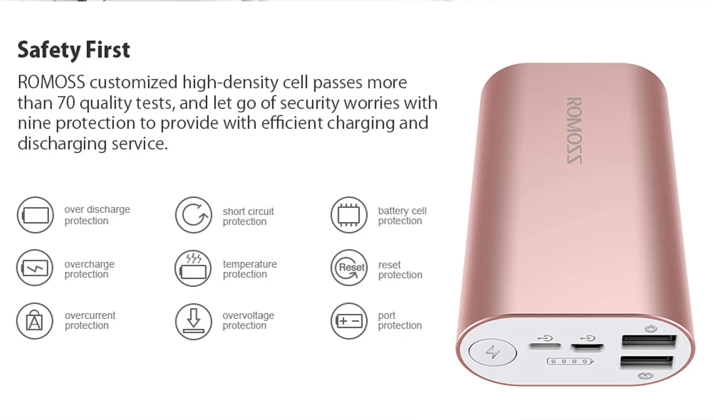 ROMOSS ACE10 10000 мАч мини алюминиевый сплав внешний аккумулятор с 2 входными портами и 5 В/2,1 а двойной USB выход