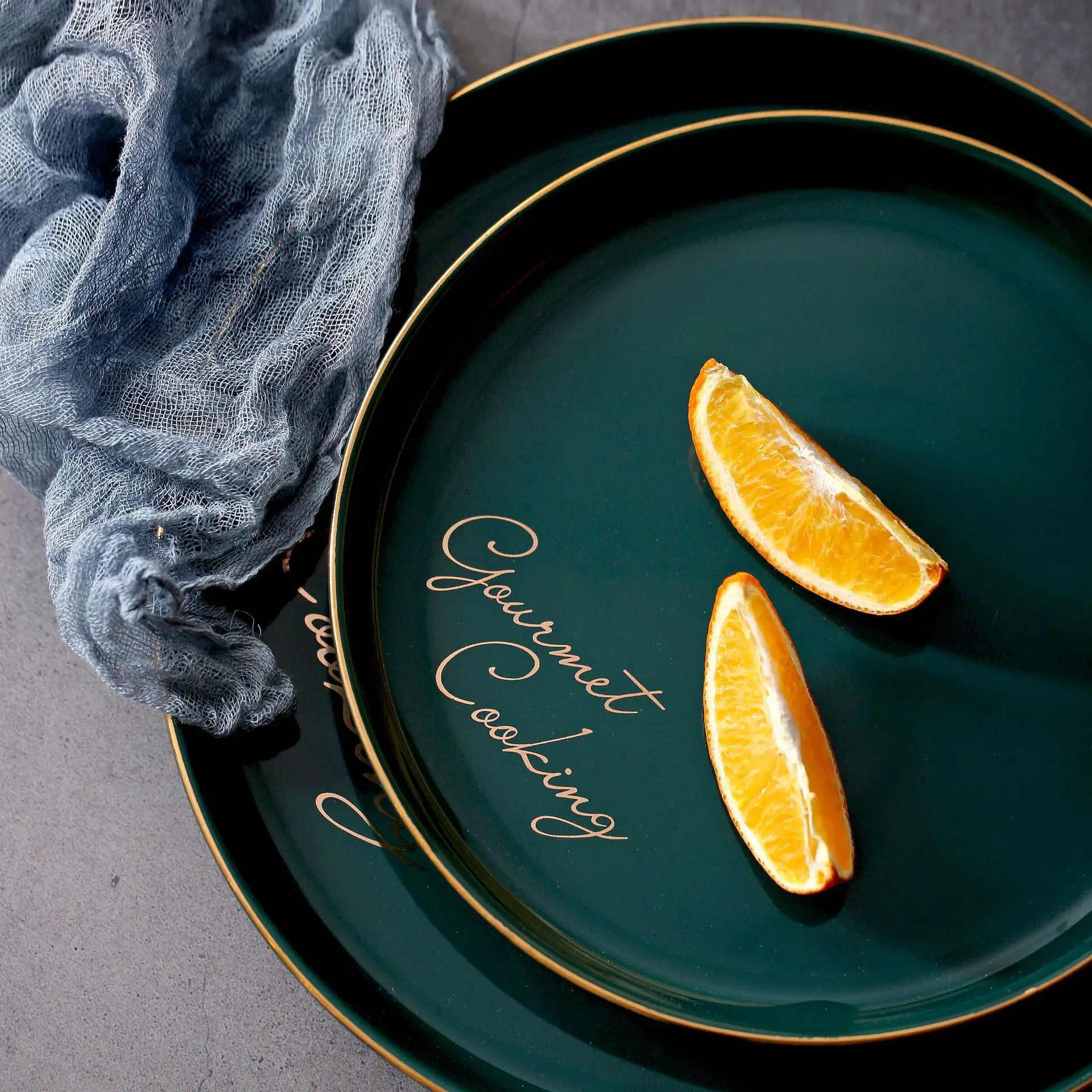 

Nordic Gold Edge Ceramic Plate Green Round Porcelain Household Dinner Plate Steak Dessert Tray Breakfast Fruit Cake Dishes Plate