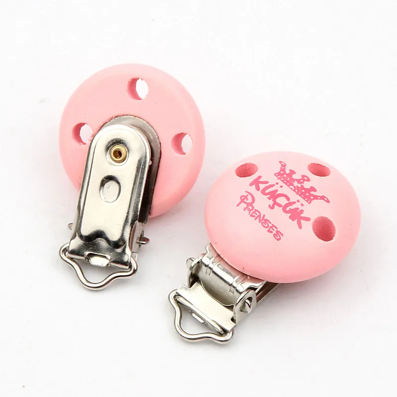 

Wooden Funny Pacifier Nipples for child Pink Crown Pattern Cute Baby Pacifier Clips Holders Pacifier Clasps 5pcs/lot