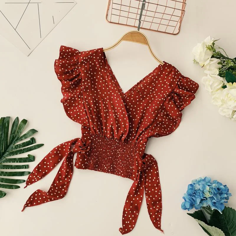 

Chiffon Polka Dots V-neck Pleated Women's Ruffled Shirt Blouse Short Sleeve Petal Elastic Bowtie Shirts 2019 Summer Tops Women