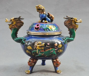 

7"Marked Old Chinese Bronze Cloisonne Foo Dog Kirin Dragon Incense burner Censer