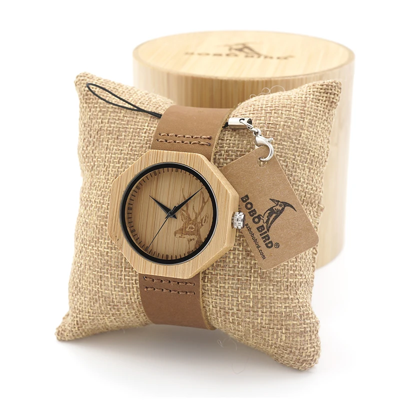 BOBO BIRD Natural Bamboo Wood Quartz Watches Women Watches with Deer Head Dial with Real Leather