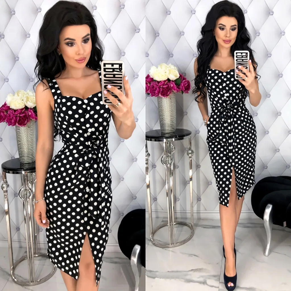 

Robe Femme Women Dresses Ladies Sexy Sleeveless Neck Wave Dresses Point Pocket Casual Cloth Sweet Dress Falda Female S'habiller