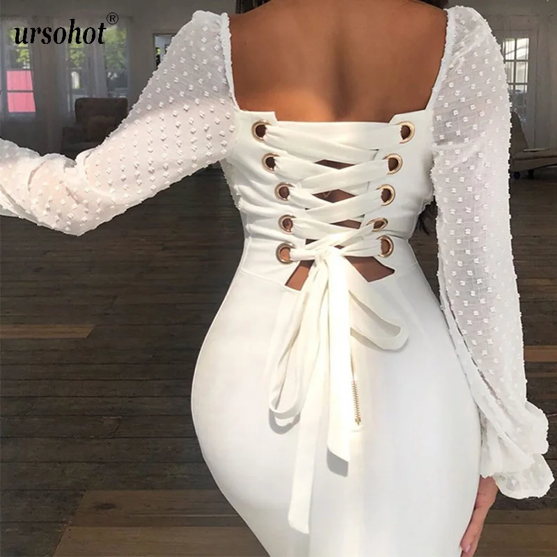

Ursohot Sexy Backless Lace Up Bodycon Dress Women 2019 Summer Elegant Square Neck Chiffon Pencil Dress Vintage White Vestidos