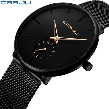 

CRRJU Top Brand Men Watches Luxury Simple Black Wristwatch 7 mm Ultra-Thin Fashion Mens Watch Rose Gold Clock relogio masculino