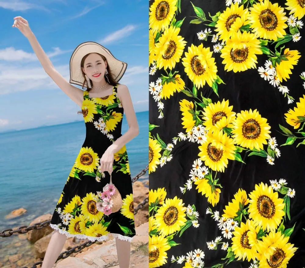 

Telas high society fabric Super crepe silk satin Sun flowers designs prints blouse summer dress silk fabric tissus au metre