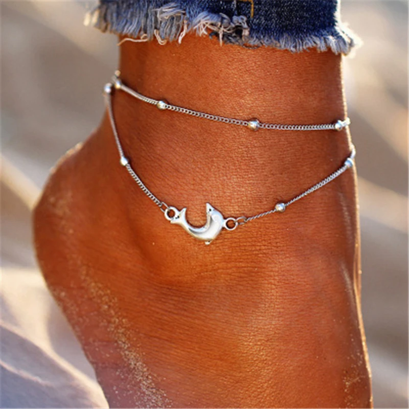 

2019 Summer Beach Dolphin Shaped Geometric 2 layer Anklets For Women Ankle Bracelet Woman Sandals On the Leg Chain Foot Jewelry