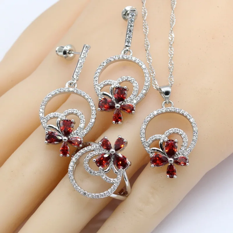 Красный кубический цирконий 925 Серебряные штампованные Ювелирные наборы для женщин Свадебные серьги браслет кольца ожерелье кулон