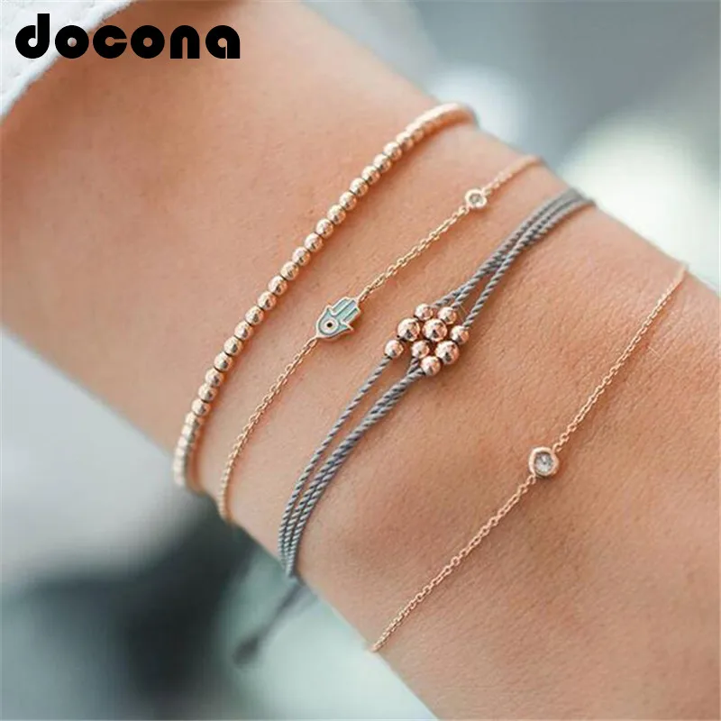docona Gold Color Hand Beadeds Bracelets Set for Women Metal Rope