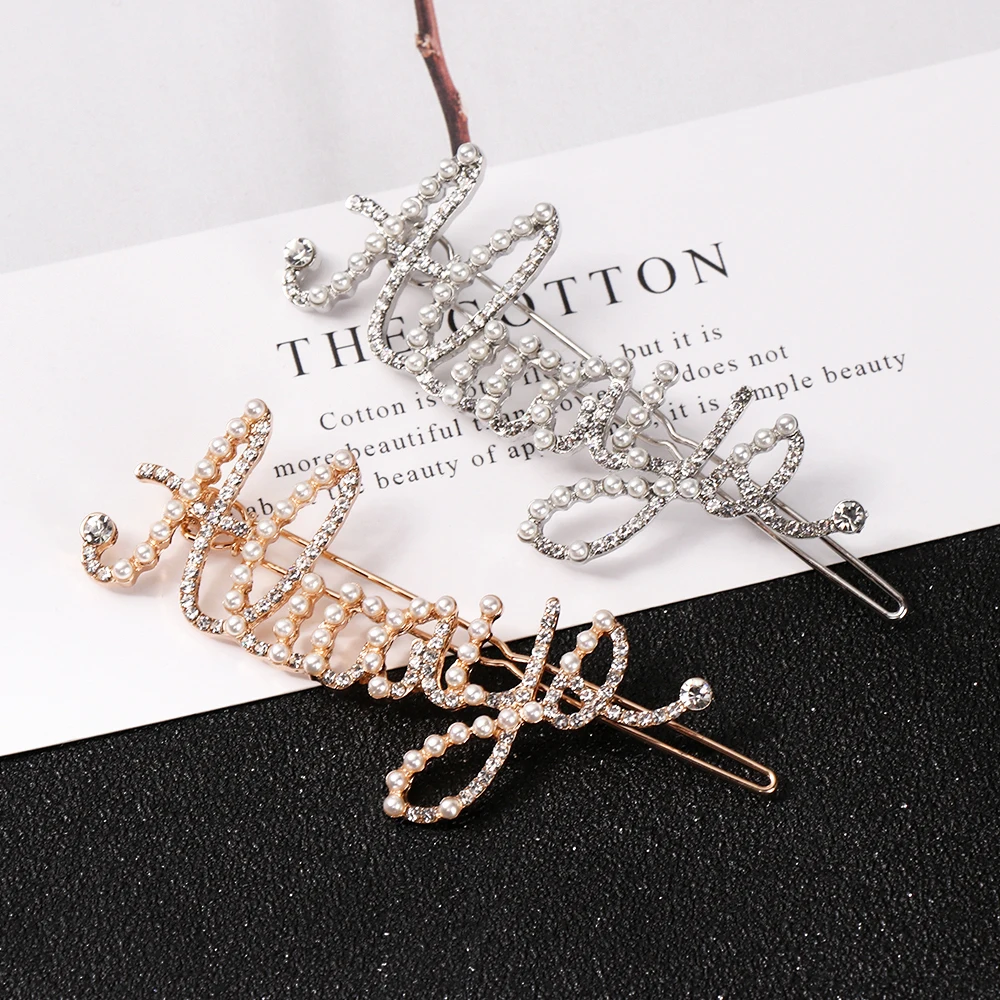

New Arrival 1pc Stone Fans Fashion Pearl Crystal Hairpin Shiny Rhinestones Letters Hair Clips Hair Accessories for Women Girls