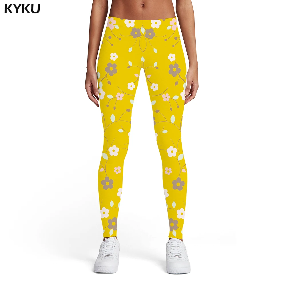 

KYKU Brand Flower Leggings Women Yellow Sport Harajuku Elastic Sexy 3d Print Sexy Womens Leggings Pants Casual Bodybuilding