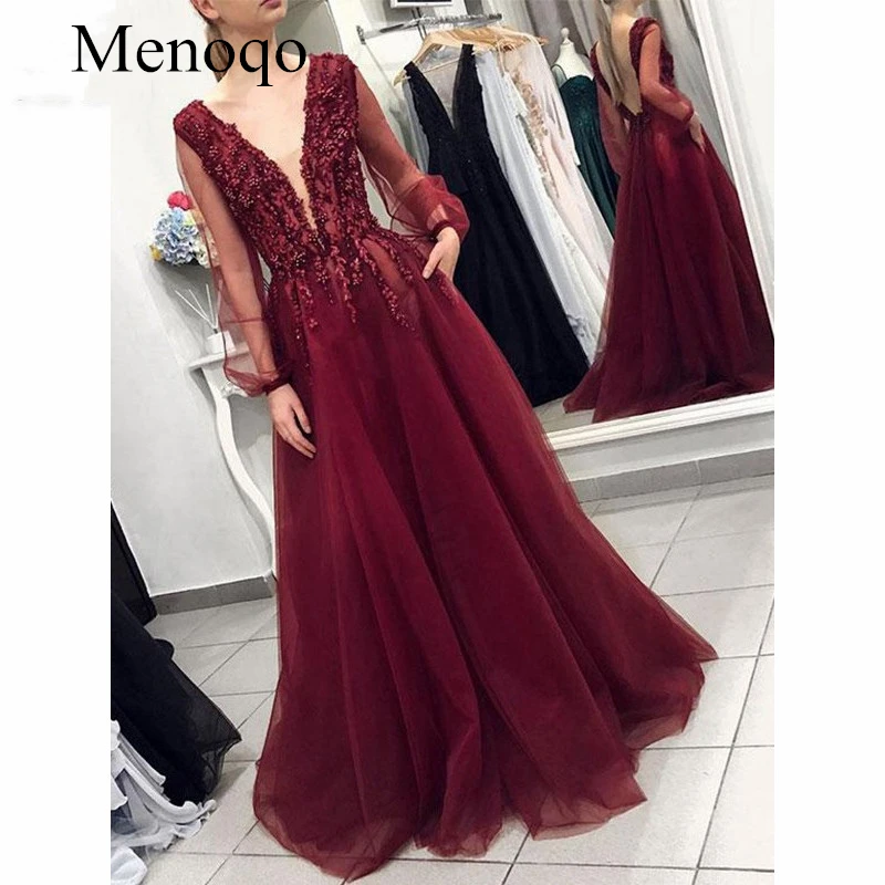 Menoqo Burgundy 2019 Princess Evening Dresses Long Beaded V-neck Long Sleeves Floor Length Long Evening Dress Menoqo Burgundy 2019 Princess Evening Dresses Long Beaded V-neck Long Sleeves Floor Length Long Evening Dress