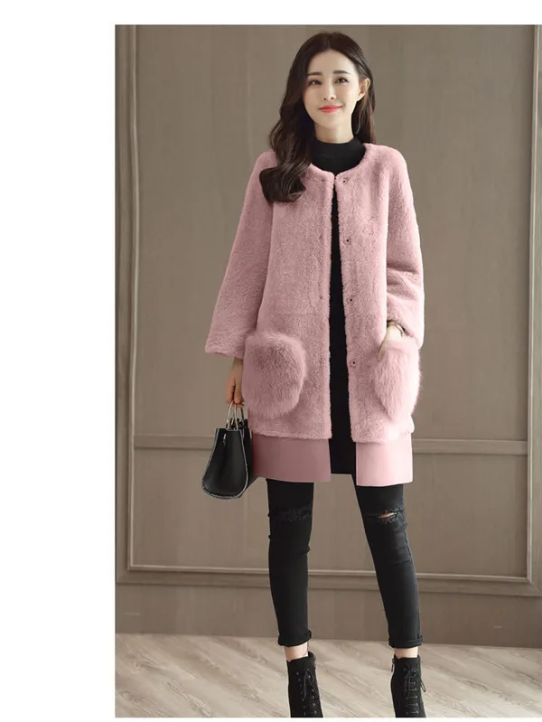 Зимняя Роскошная подиумная женская теплая длинная розовая серая куртка, женский свободный Тренч из искусственного меха, женские шерстяные пальто - Цвет: pink