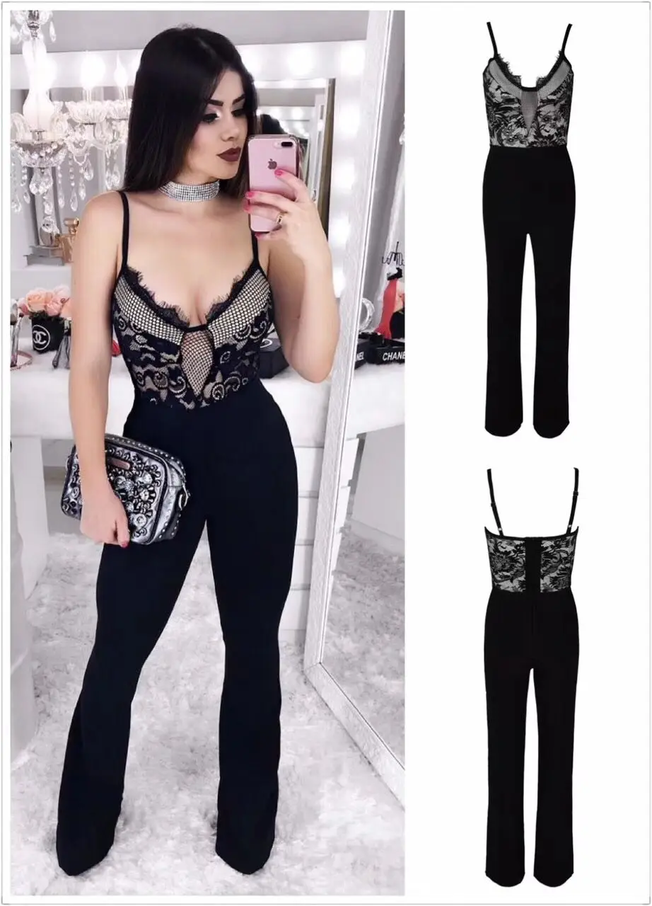 

2018 New Women black Mesh elegante Jumpsuit V-Neck Spaghetti Strap Romper Celebrity evening Party bodycon Bandage Jumpsuits
