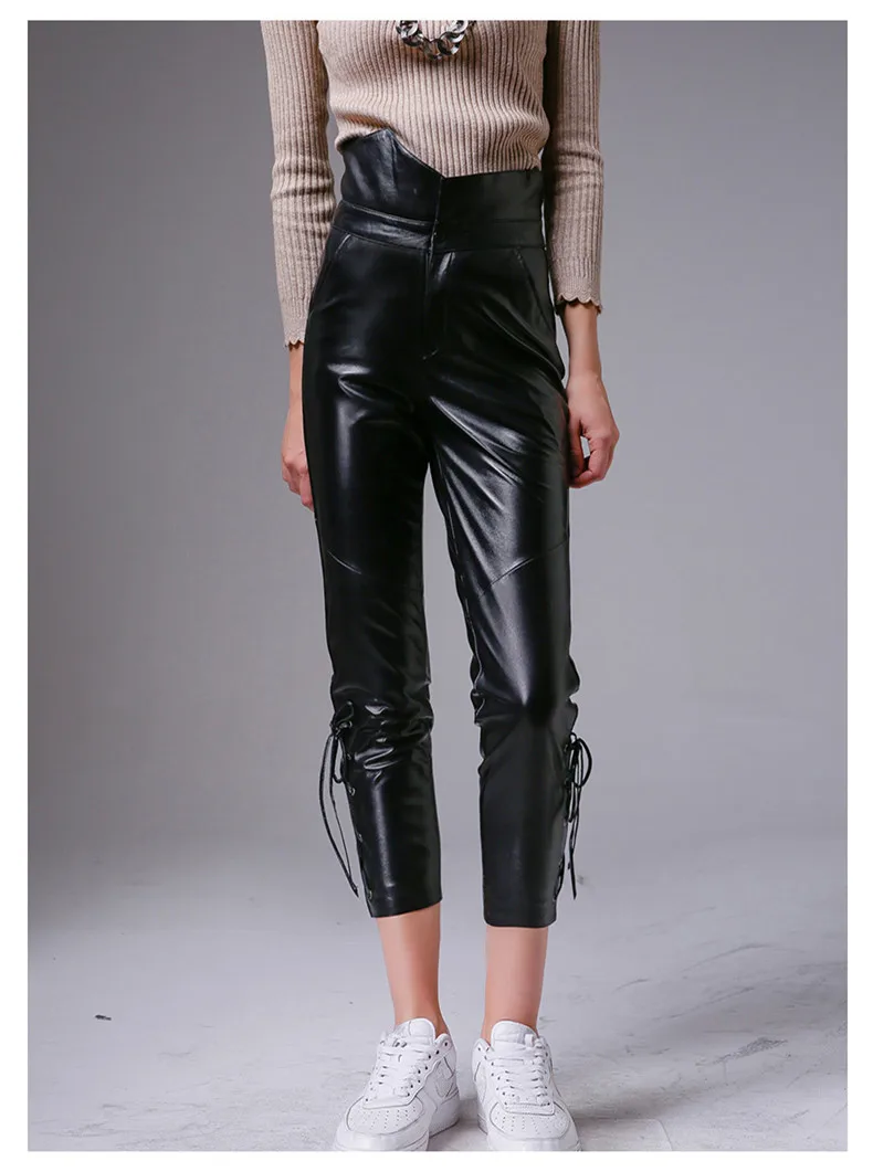 See Orange Spring Leather Pants Womens Fashion Soft Sheepskin Genuine Leather Legging Pants High Waist Zipper Black Pencil Pant