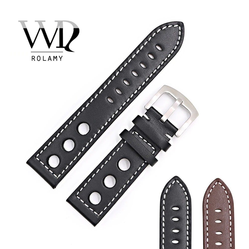 

Rolamy 22mm Newest Hot Sell Popular Real Calf Leather Handmade Black Brown with White Stitches Wrist Watch Band Strap Clasp