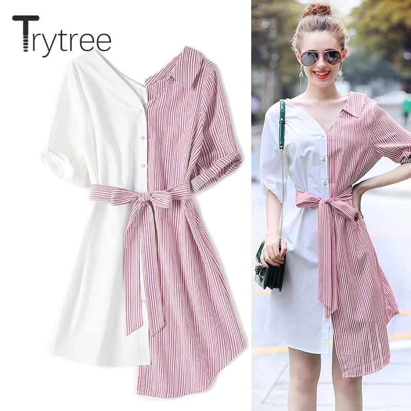 Trytree лето осень хлопок платье женское повседневное в тонкую полоску рубашка половина рукав розовый белый А-силуэт Асимметричное Платье синее платье
