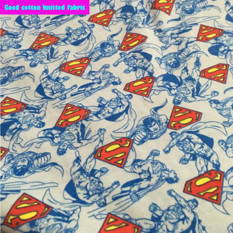 

Good Lt. Blue Cartoon Superman Fabric Cotton knitted Fabric Stretch Superman Logo Print Fabric DIY Sewing Boy's T-shirt Clothing