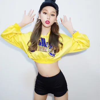 

Jazz Dance Costumes Yellow Hooded Top Black Shorts Hip Hop Street Dancing Clothes Women Nightclub Singer Dj Stage Outfit DT860