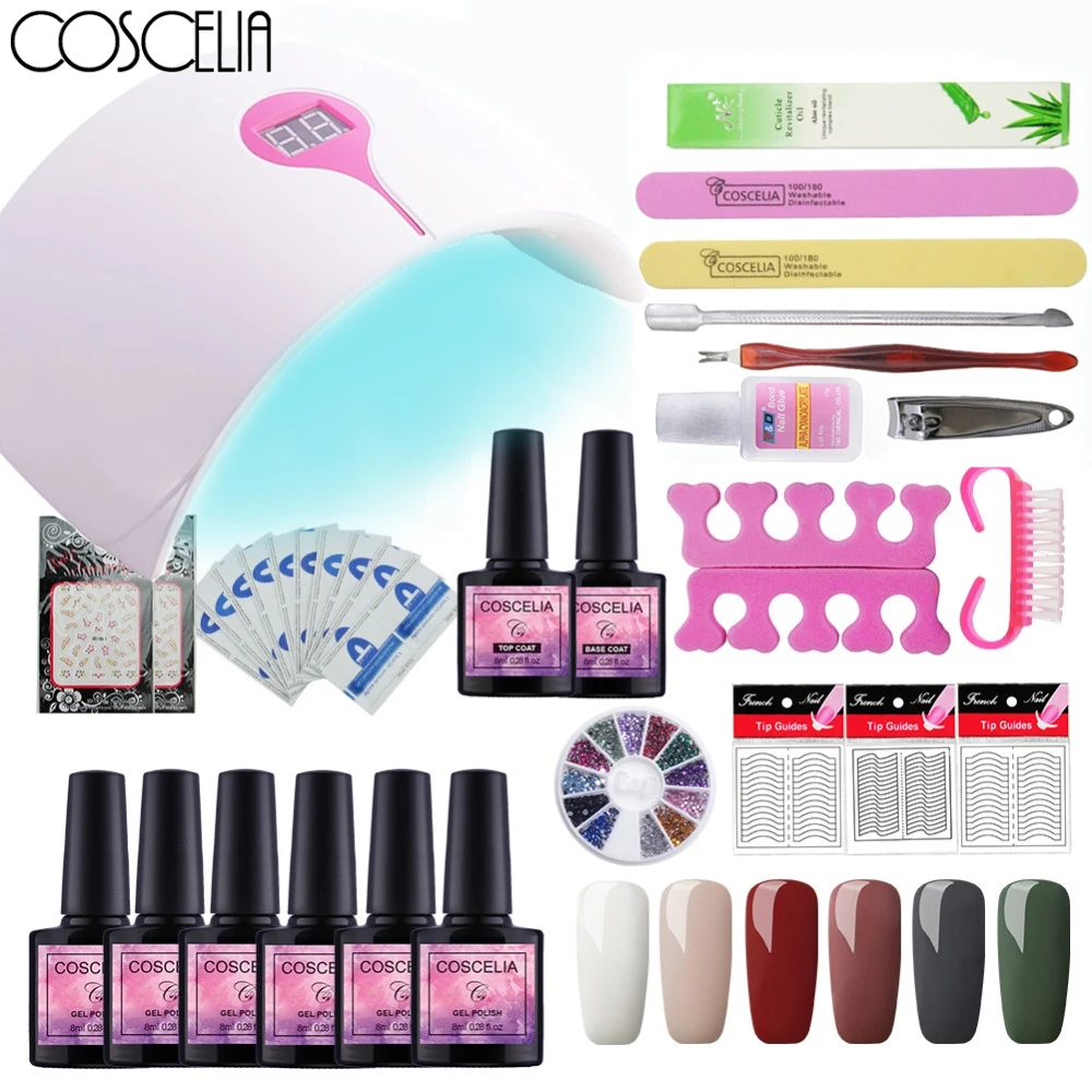 

6PCs Nail Gel Manicure Set with 24W UV LED Lamp Nail Dryer Manicure Machine Rhinestones Cutter Gel Nails Kit Base Top Coat